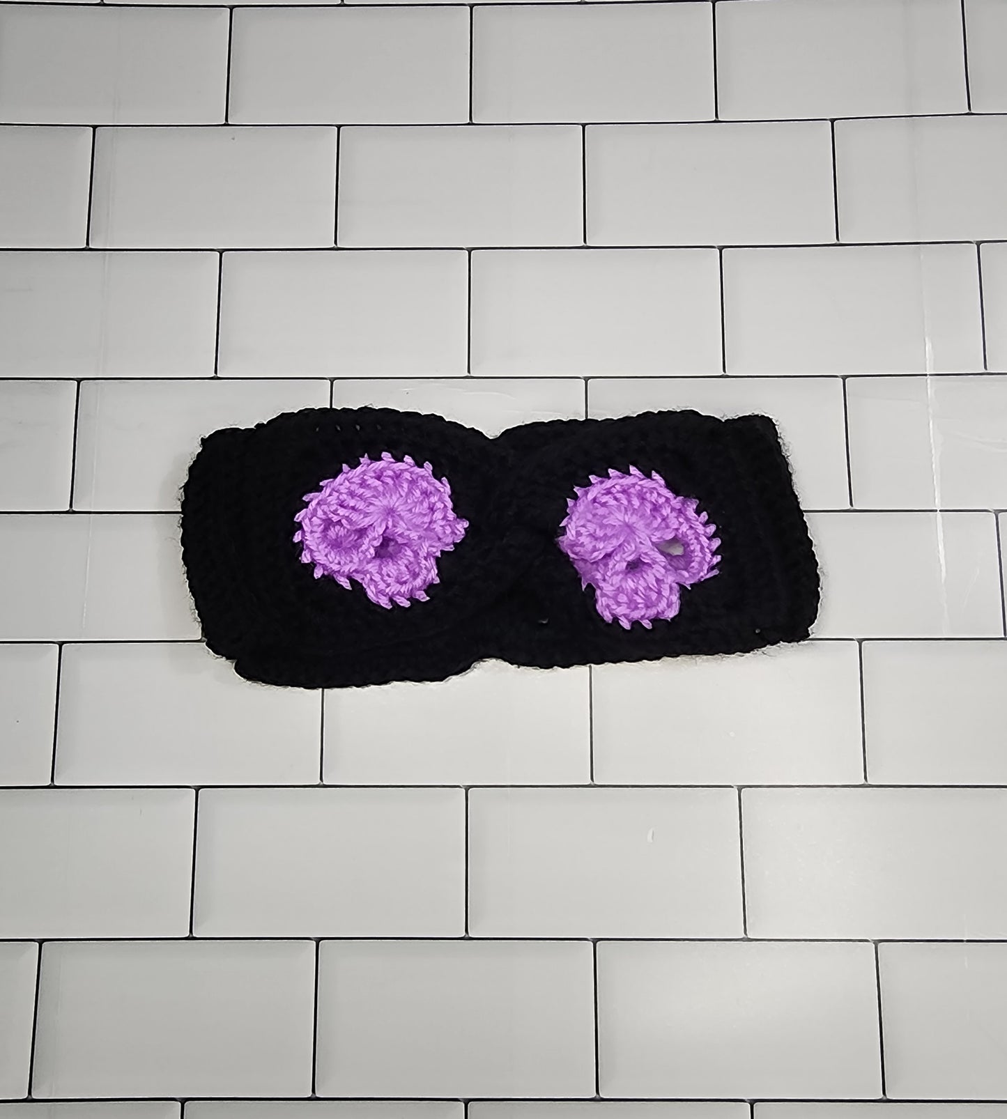 Handmade Crochet Earwarmer with Skulls and a Twist (Child Size) (Black/Lavender)