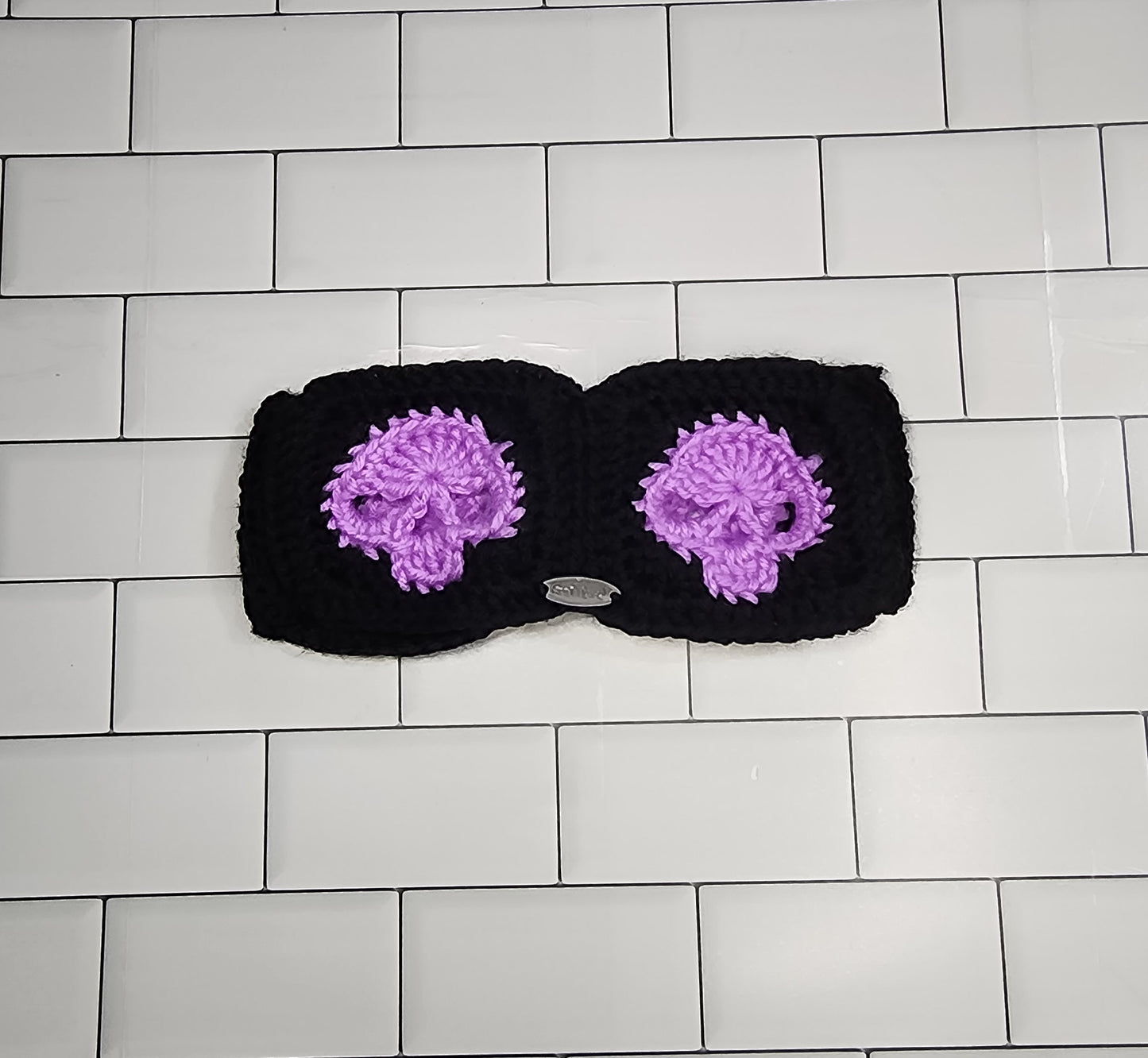 Handmade Crochet Earwarmer with Skulls and a Twist (Child Size) (Black/Lavender)