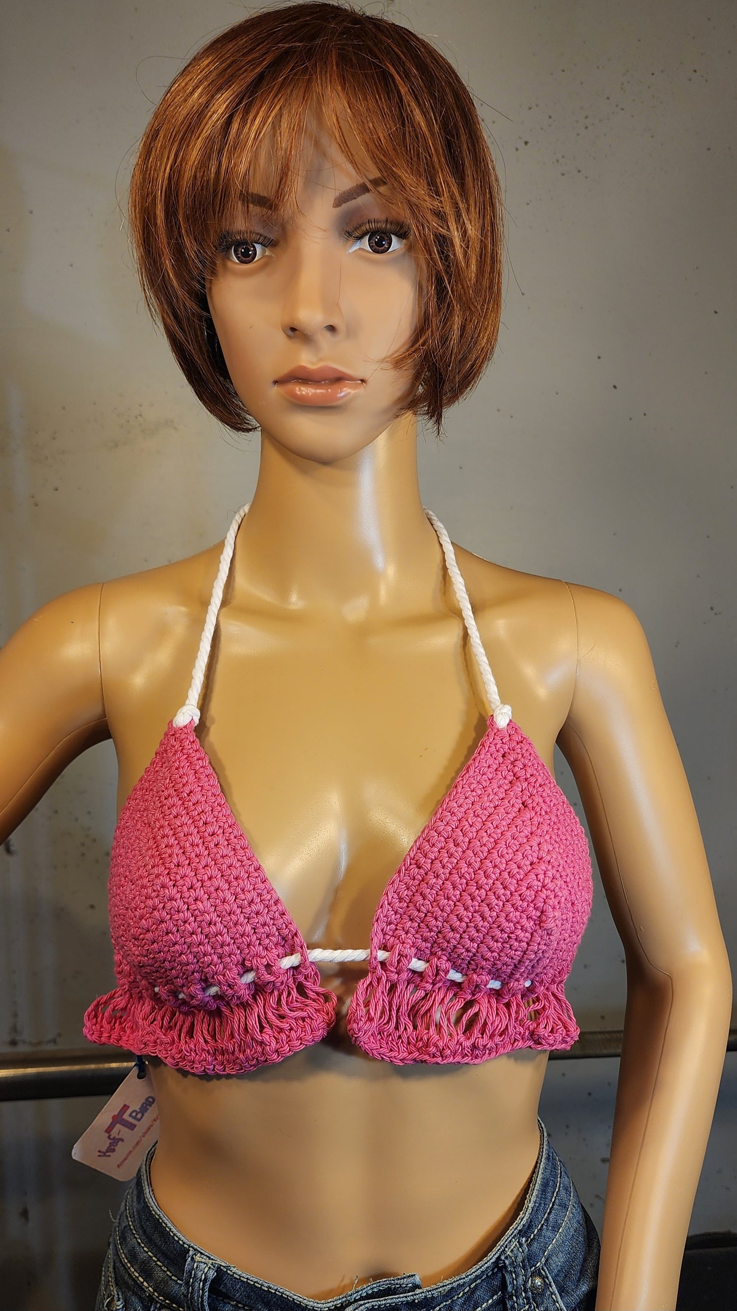 Handmade Crochet Flapperkini Bikini Swim Top (Pink)