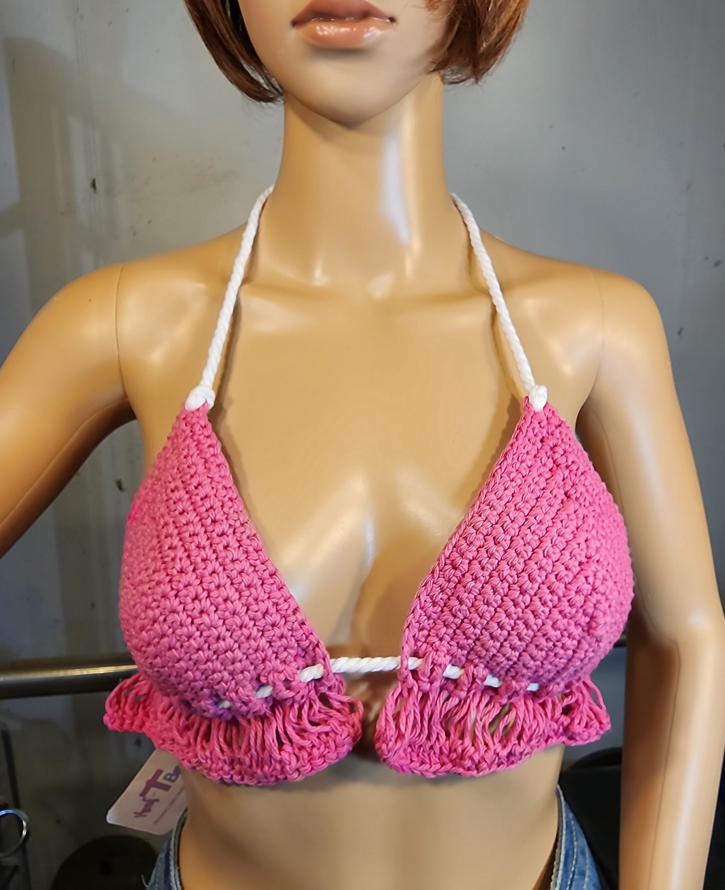 Handmade Crochet Flapperkini Bikini Swim Top (Pink)