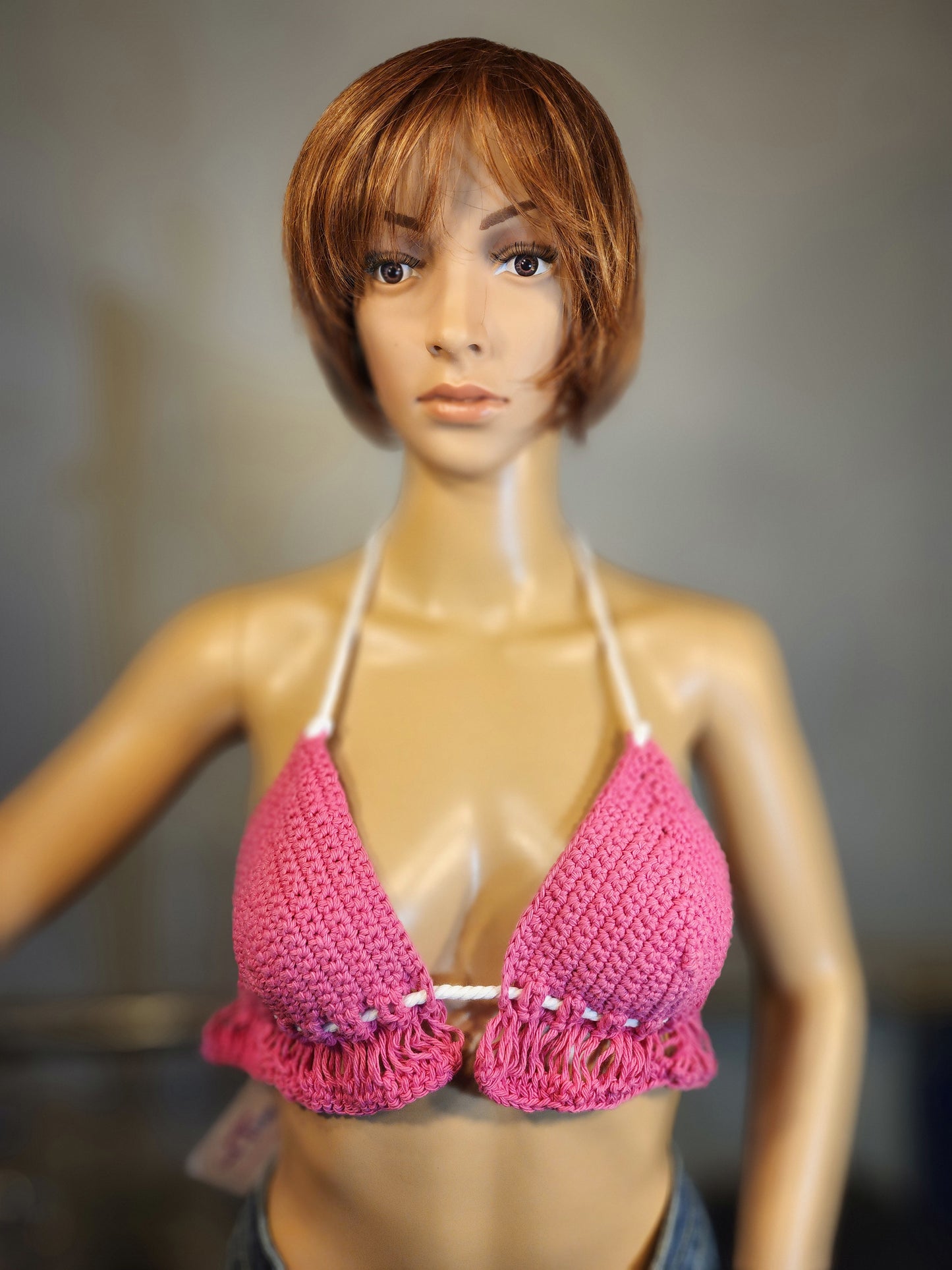 Handmade Crochet Flapperkini Bikini Swim Top (Pink)