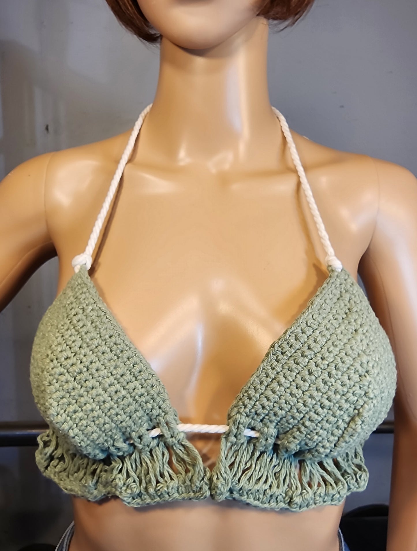 Handmade Crochet Flapperkini Bikini Swim Top (Olive Green)