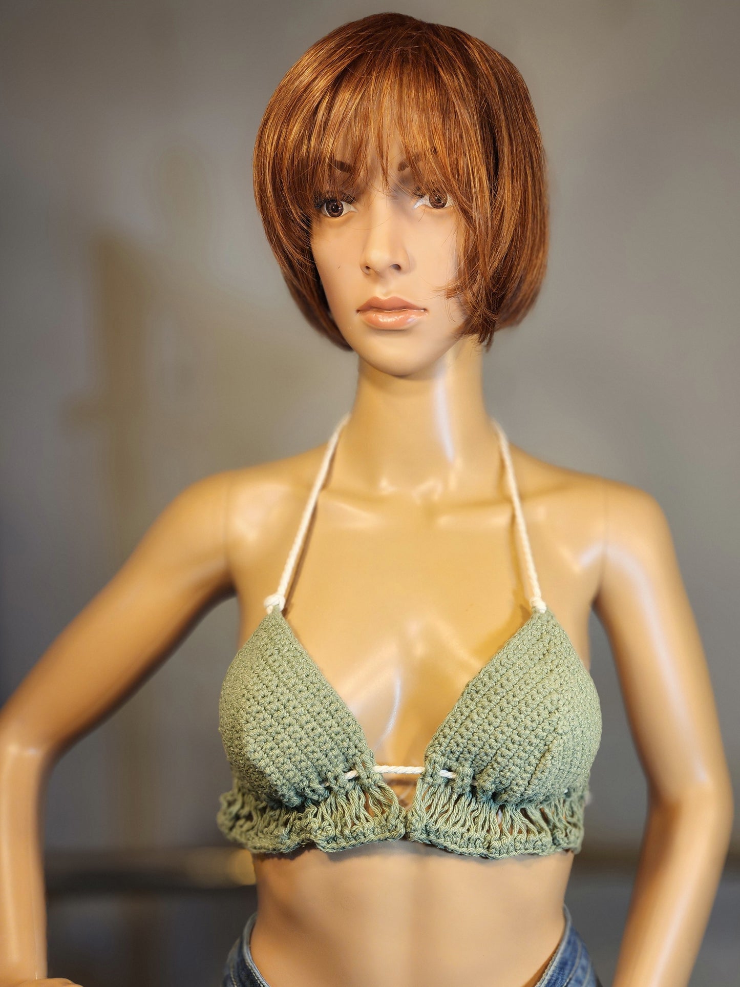 Handmade Crochet Flapperkini Bikini Swim Top (Olive Green)