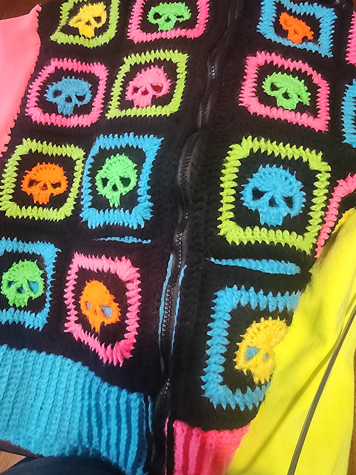 Handmade Crochet Skull Hoodie with Pockets and Zipper (80's Neon/Black)