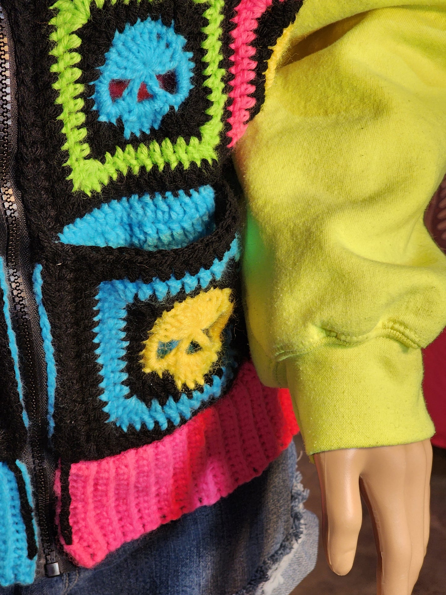 Handmade Crochet Skull Hoodie with Pockets and Zipper (80's Neon/Black)