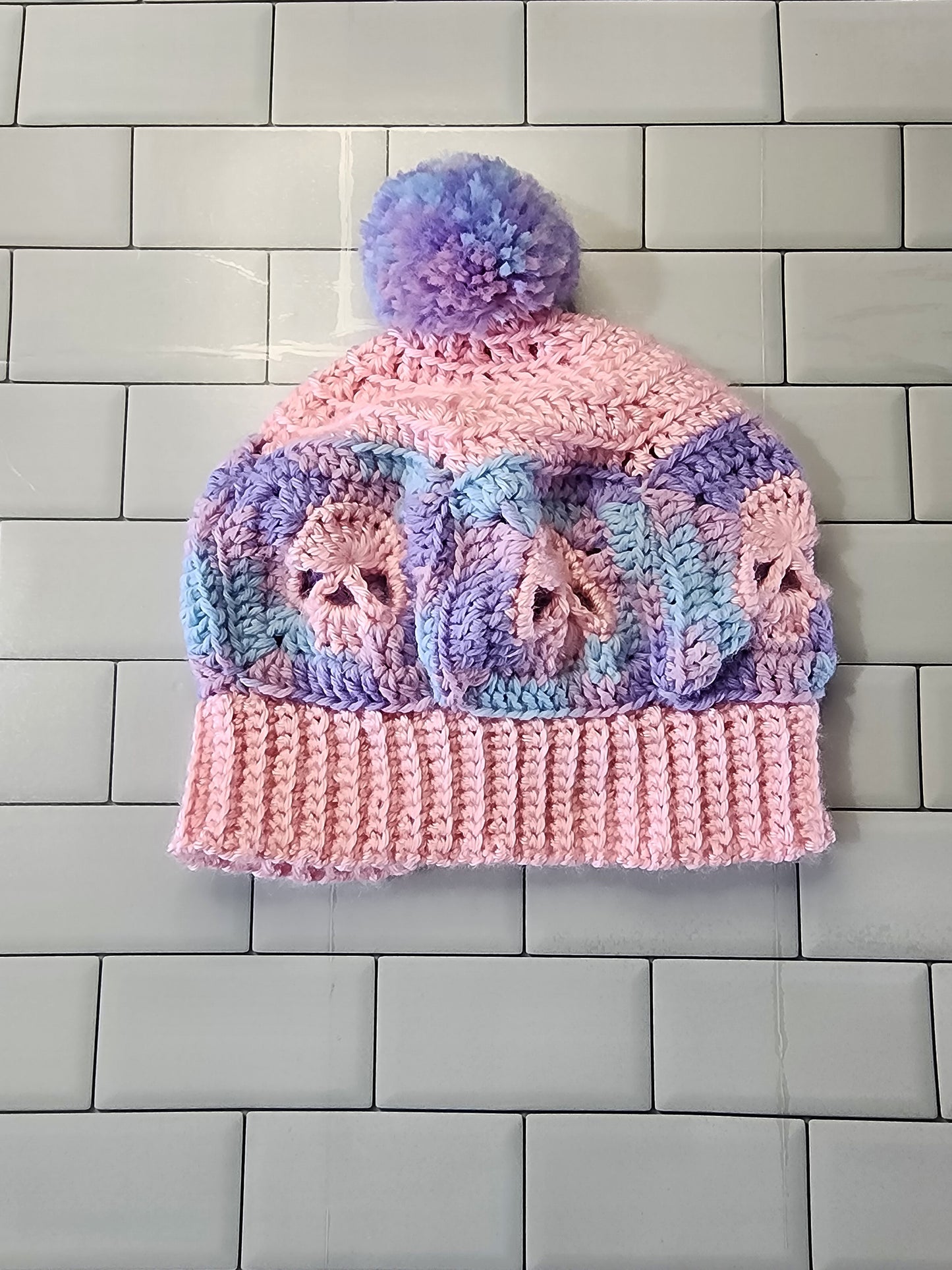 Handmade Crochet Skull Beanie Hat with Pompom (Child Size) (Pink/Purple/Blue)