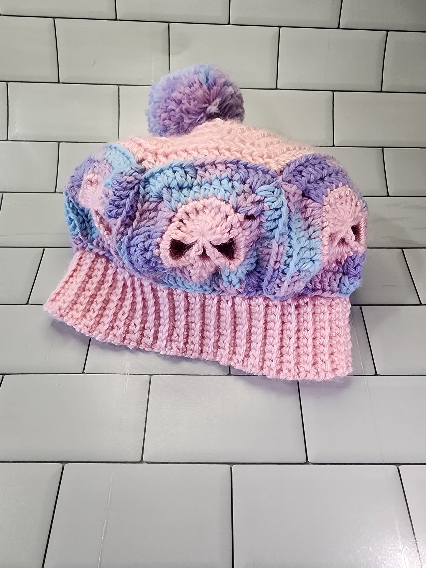 Handmade Crochet Skull Beanie Hat with Pompom (Child Size) (Pink/Purple/Blue)