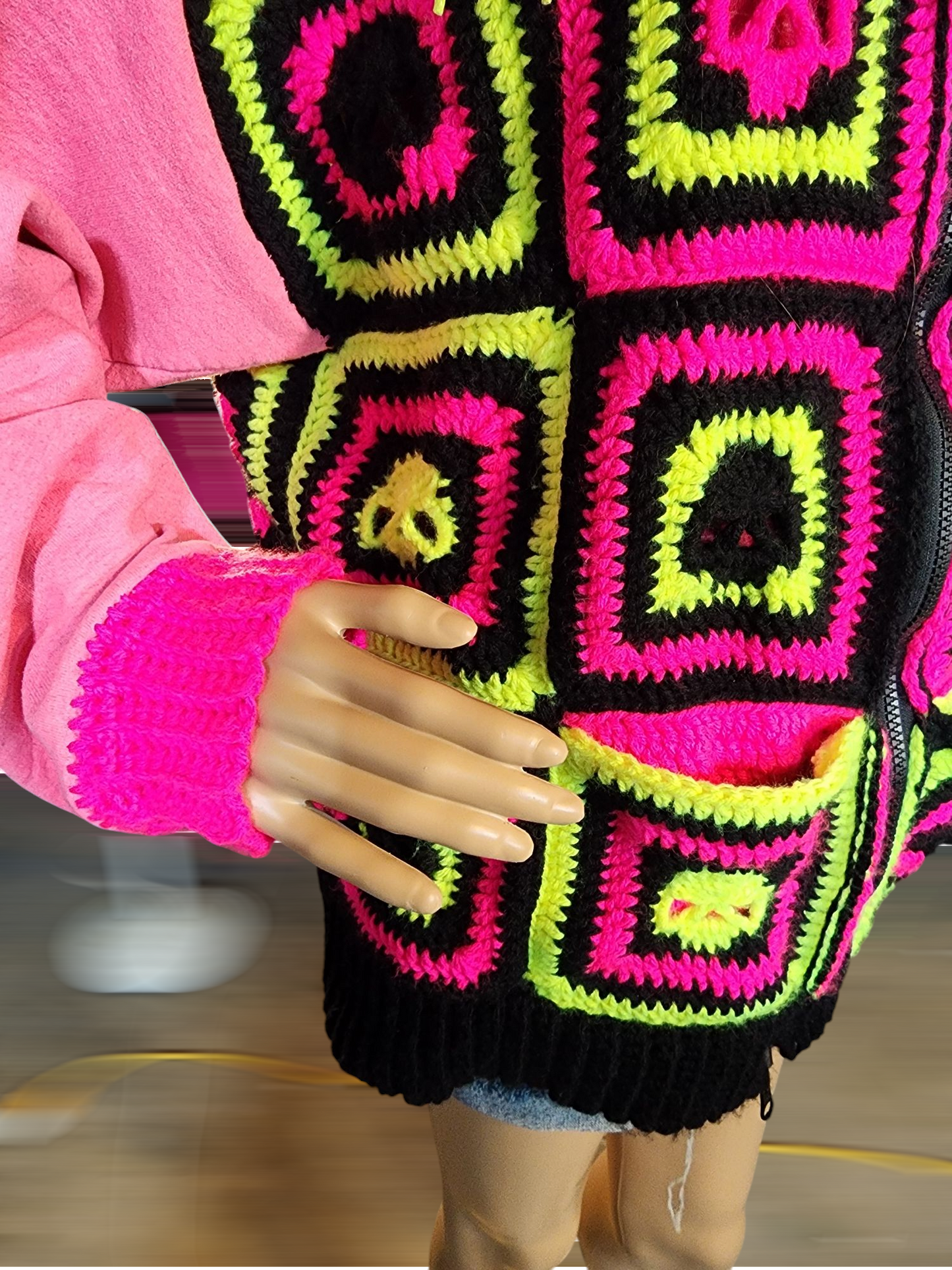 Handmade Crochet Skull Hoodie with Pockets and Zipper (Pink & Yellow Neon/Black)