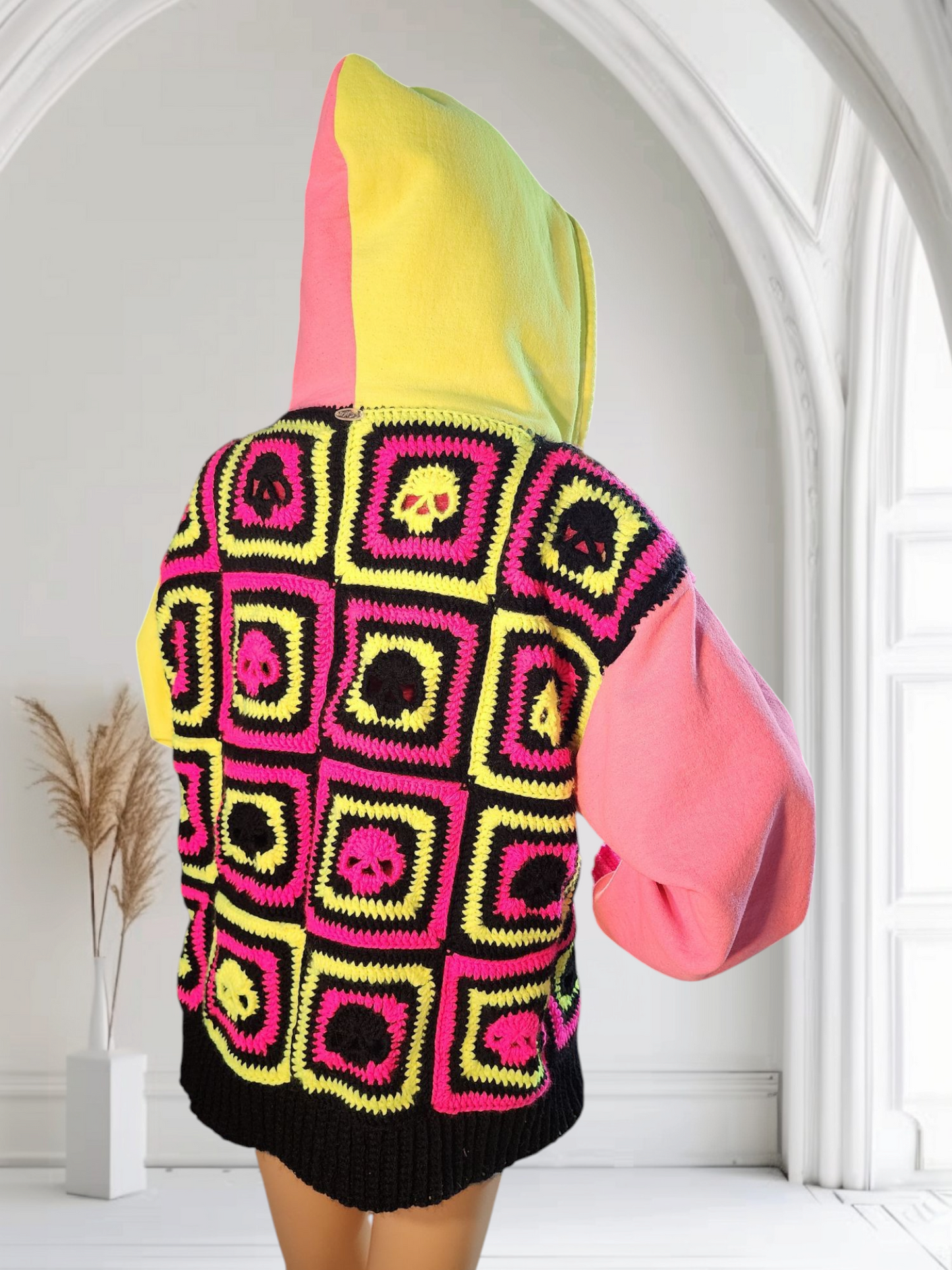 Handmade Crochet Skull Hoodie with Pockets and Zipper (Pink & Yellow Neon/Black)