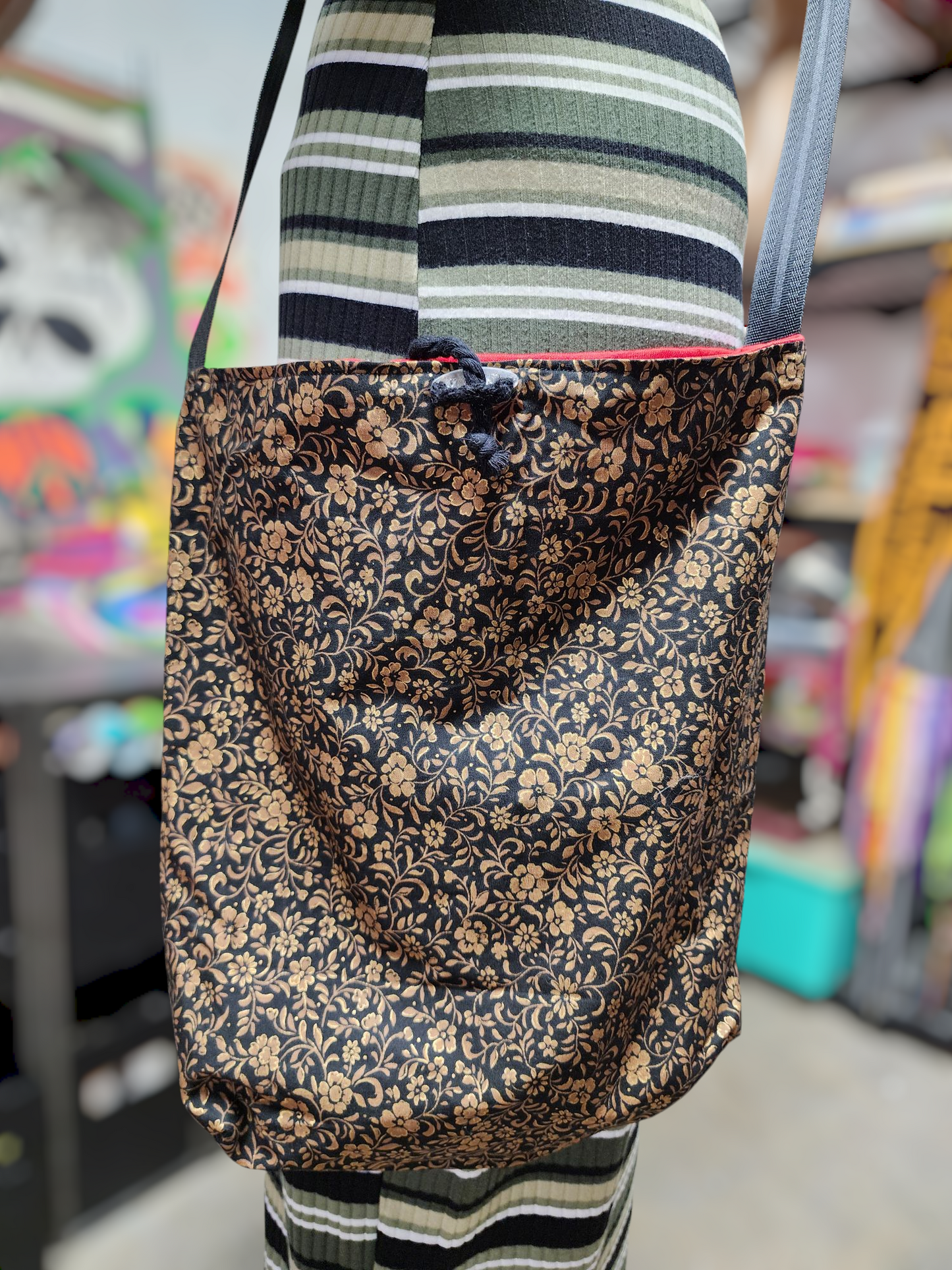 Handmade Hippie Boho Reversible Crossbody Bag (Gold Floral Print on Black)