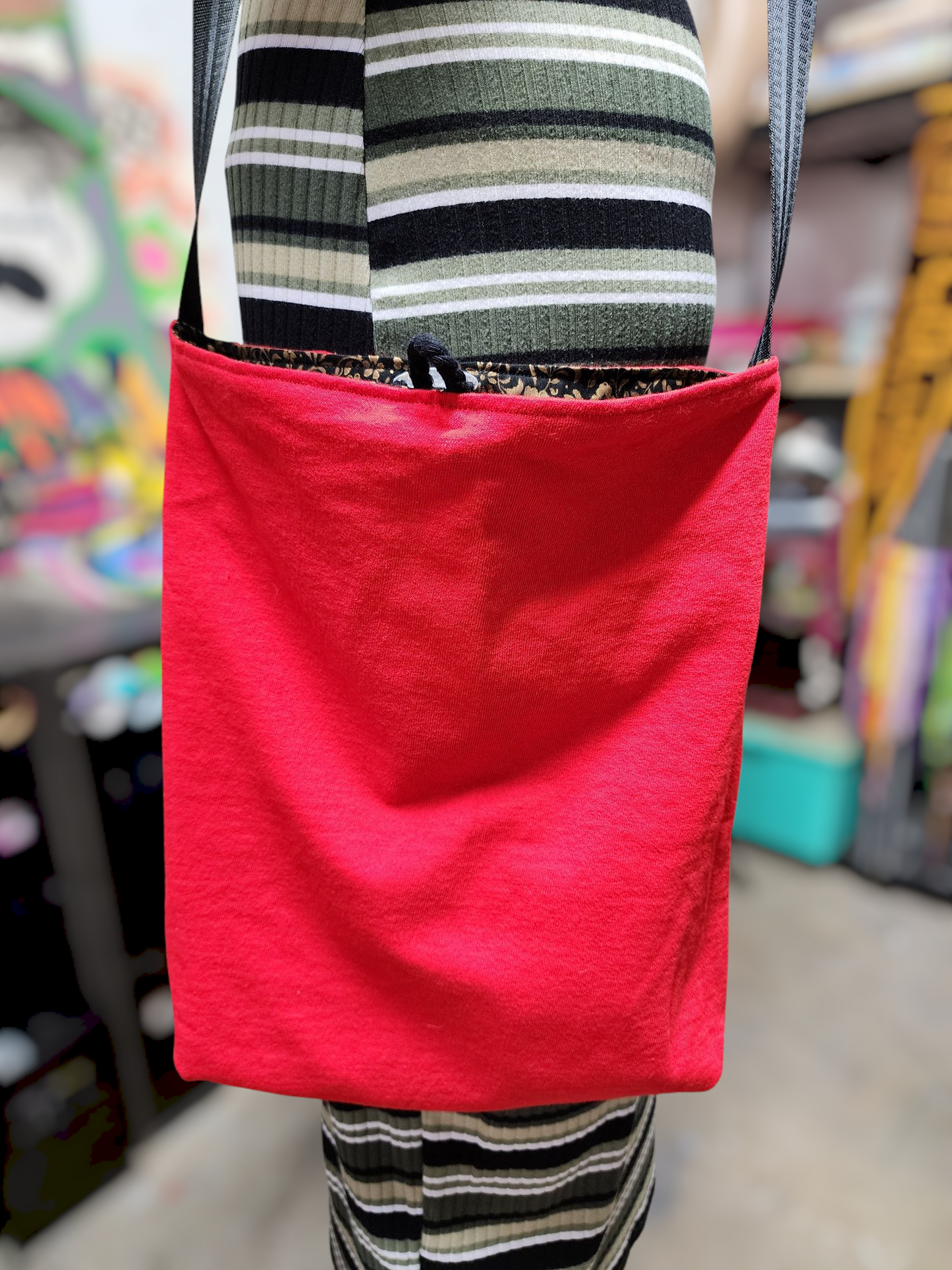 Handmade Hippie Boho Reversible Crossbody Bag (Gold Floral Print on Black)