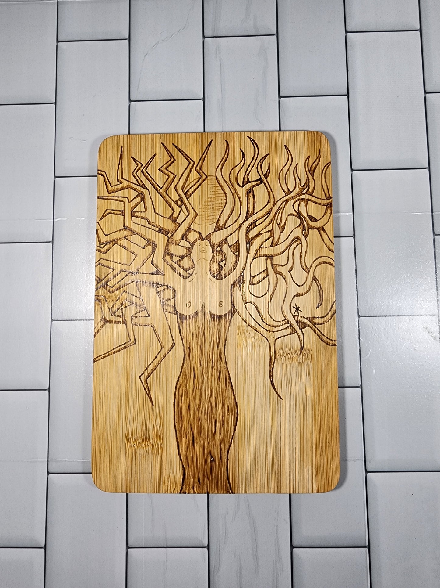 Freehand Woodburned Tree of Life Bamboo Cutting Board