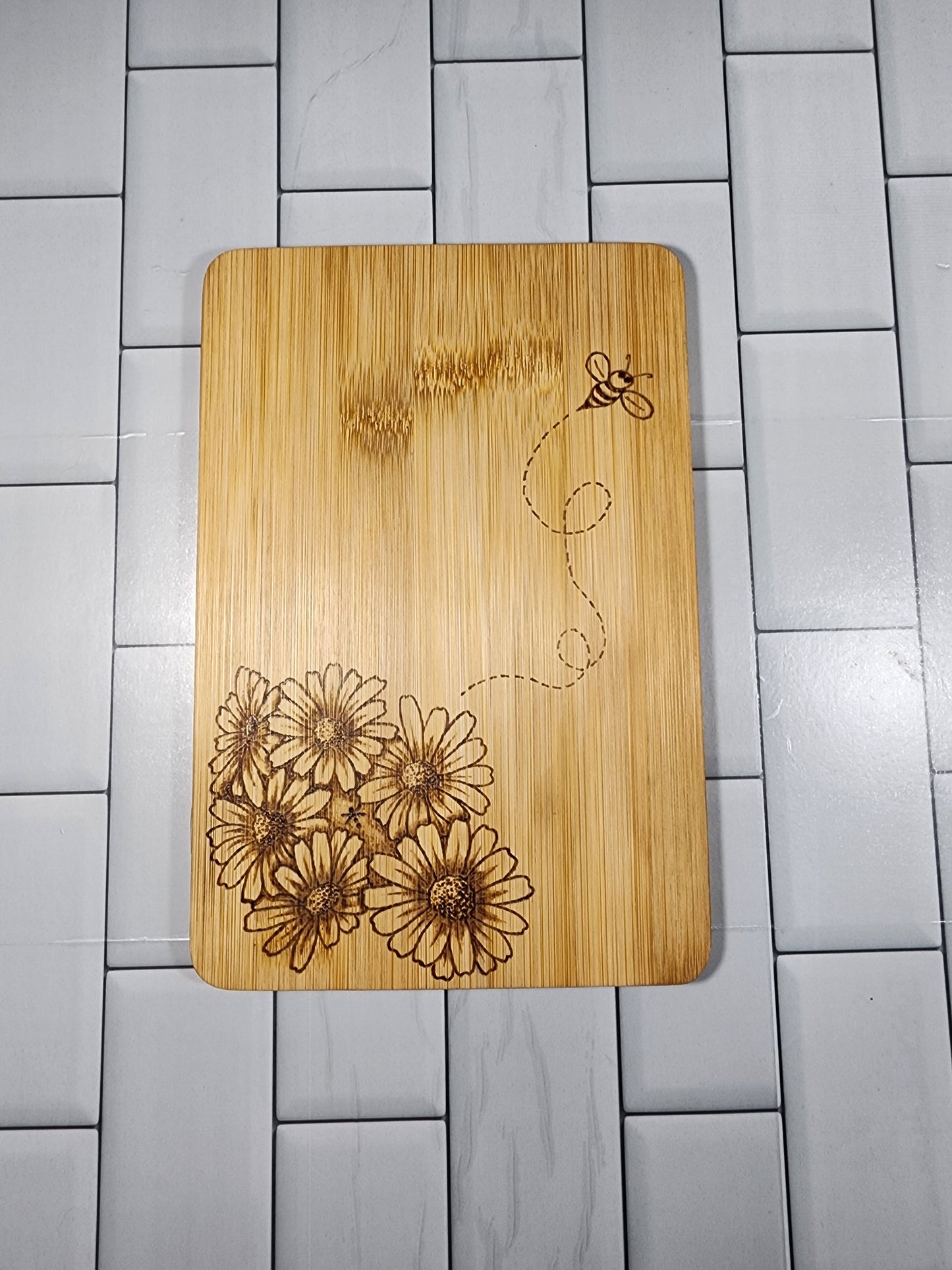 Freehand Woodburned Sunflower Bamboo Cutting Board