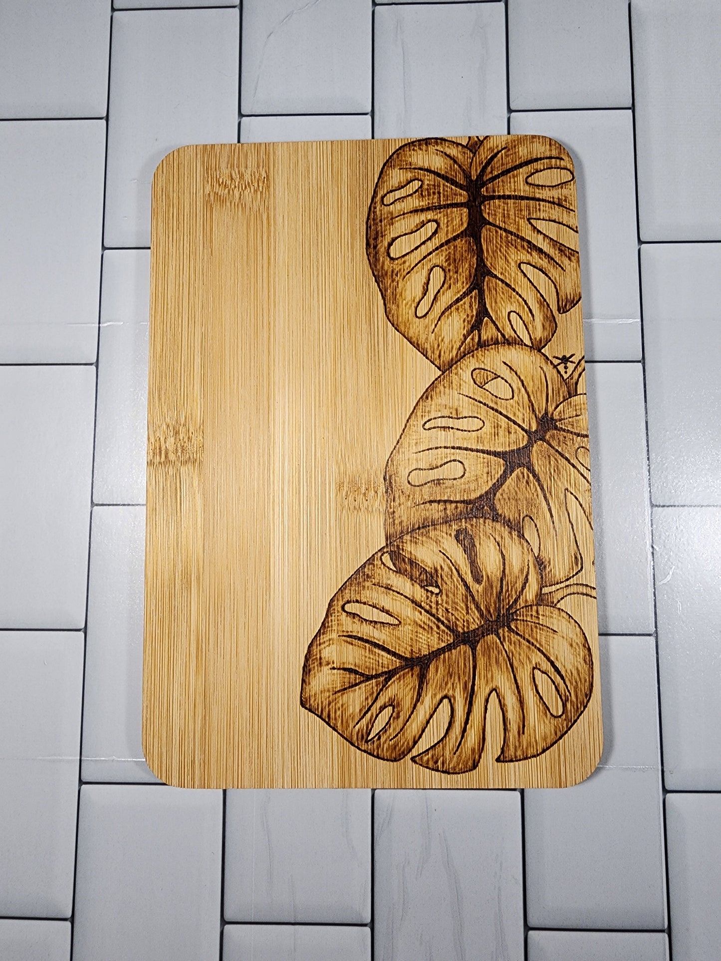 Freehand Woodburned Monstera Bamboo Cutting Board