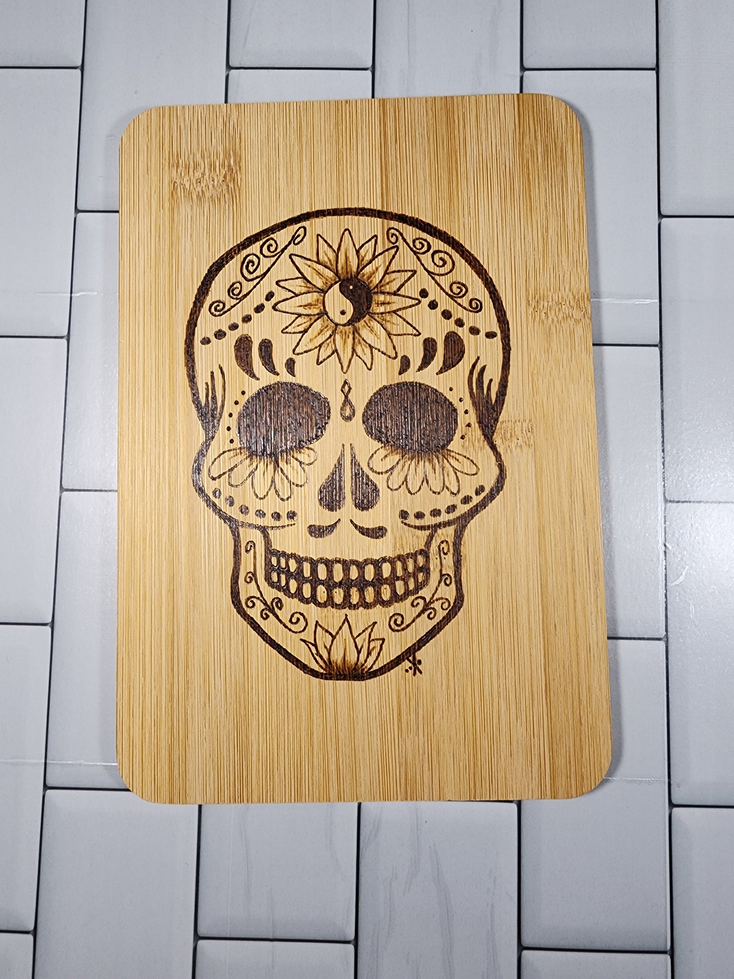 Freehand Woodburned Sugar Skull Bamboo Cutting Board