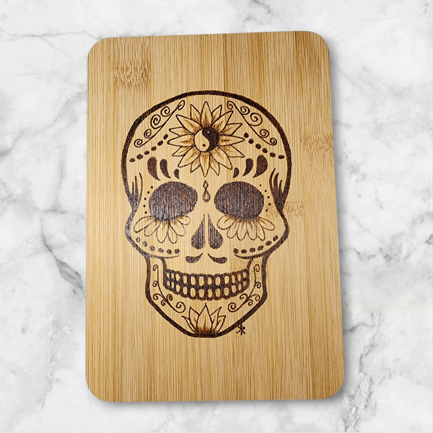 Freehand Woodburned Sugar Skull Bamboo Cutting Board