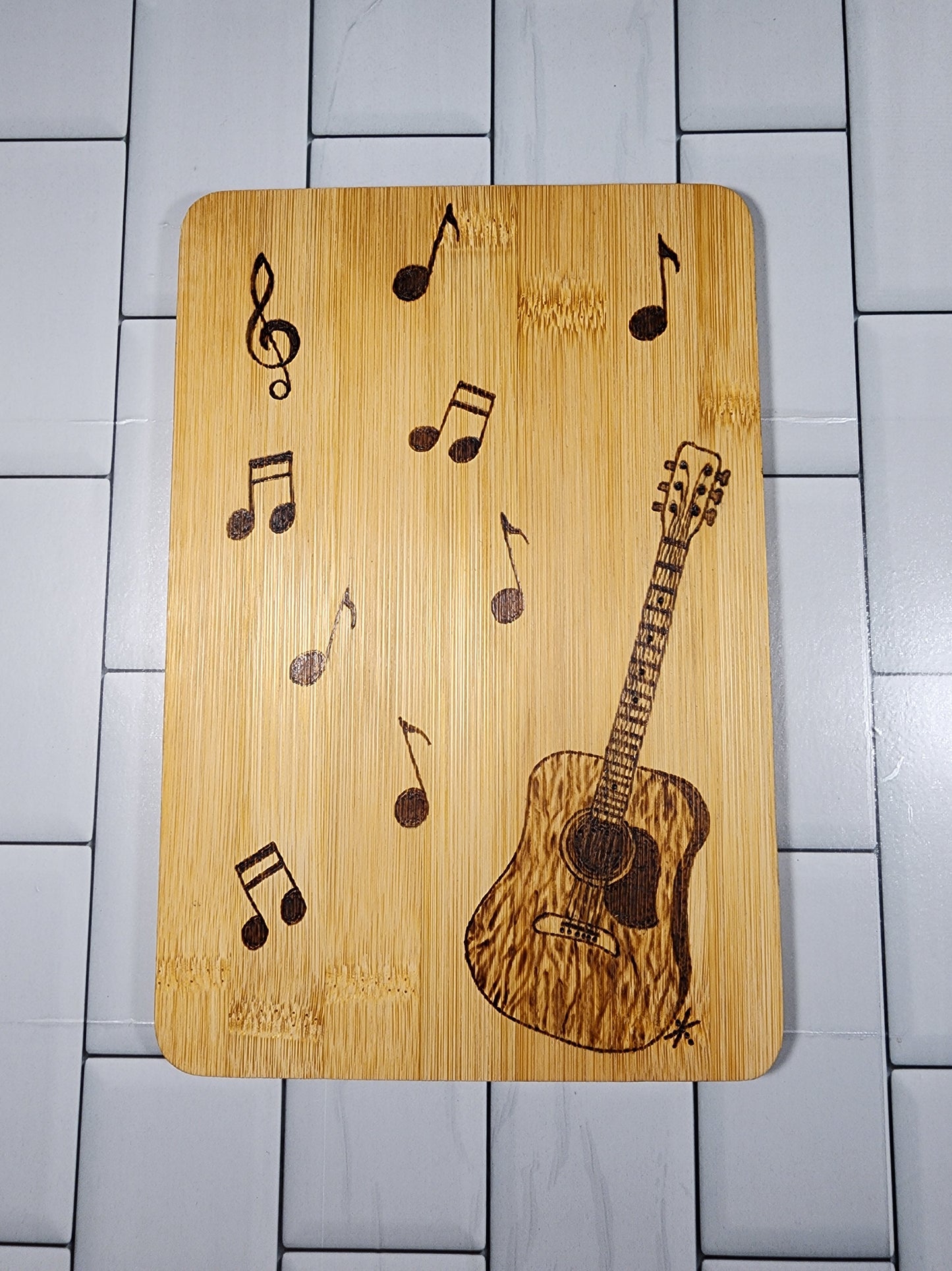 Freehand Woodburned Guitar Bamboo Cutting Board