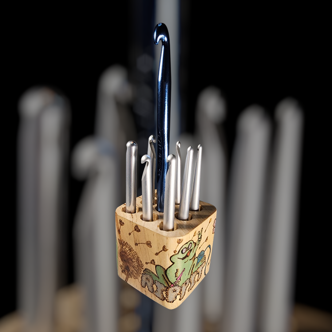 Freehand Woodburned Crochet Hook Pen Holder Cube (Custom Order Only)