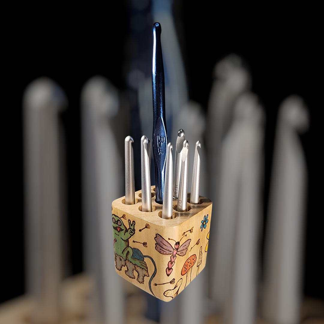 Freehand Woodburned Crochet Hook Pen Holder Cube (Custom Order Only)