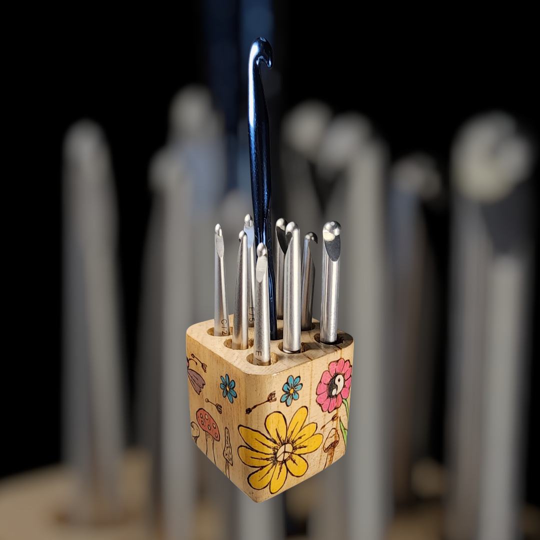 Freehand Woodburned Crochet Hook Pen Holder Cube (Custom Order Only)