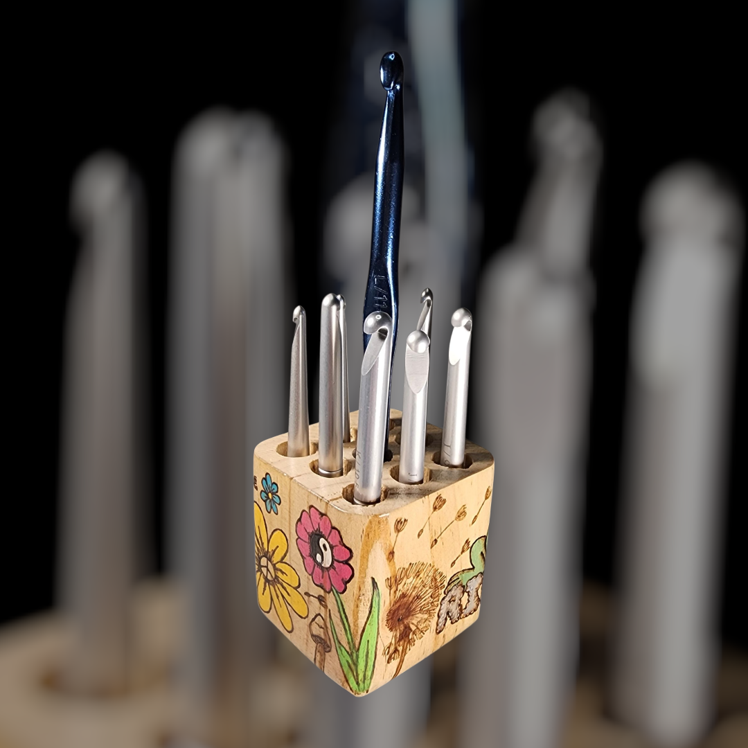 Freehand Woodburned Crochet Hook Pen Holder Cube (Custom Order Only)