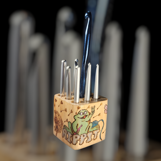 Freehand Woodburned Crochet Hook Pen Holder Cube (Custom Order Only)