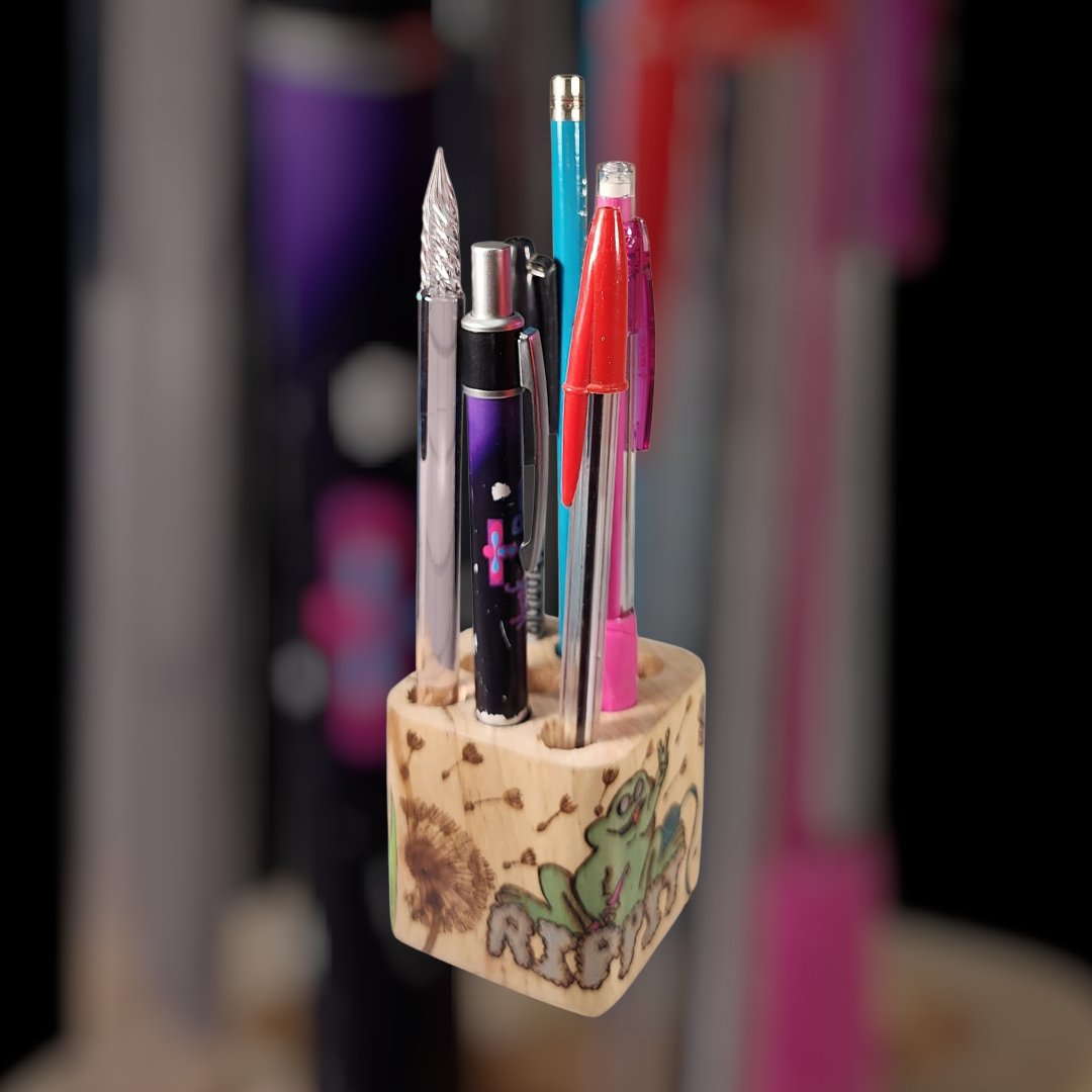 Freehand Woodburned Crochet Hook Pen Holder Cube (Custom Order Only)