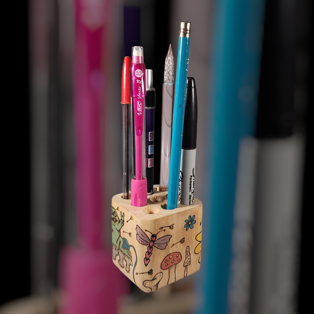 Freehand Woodburned Crochet Hook Pen Holder Cube (Custom Order Only)