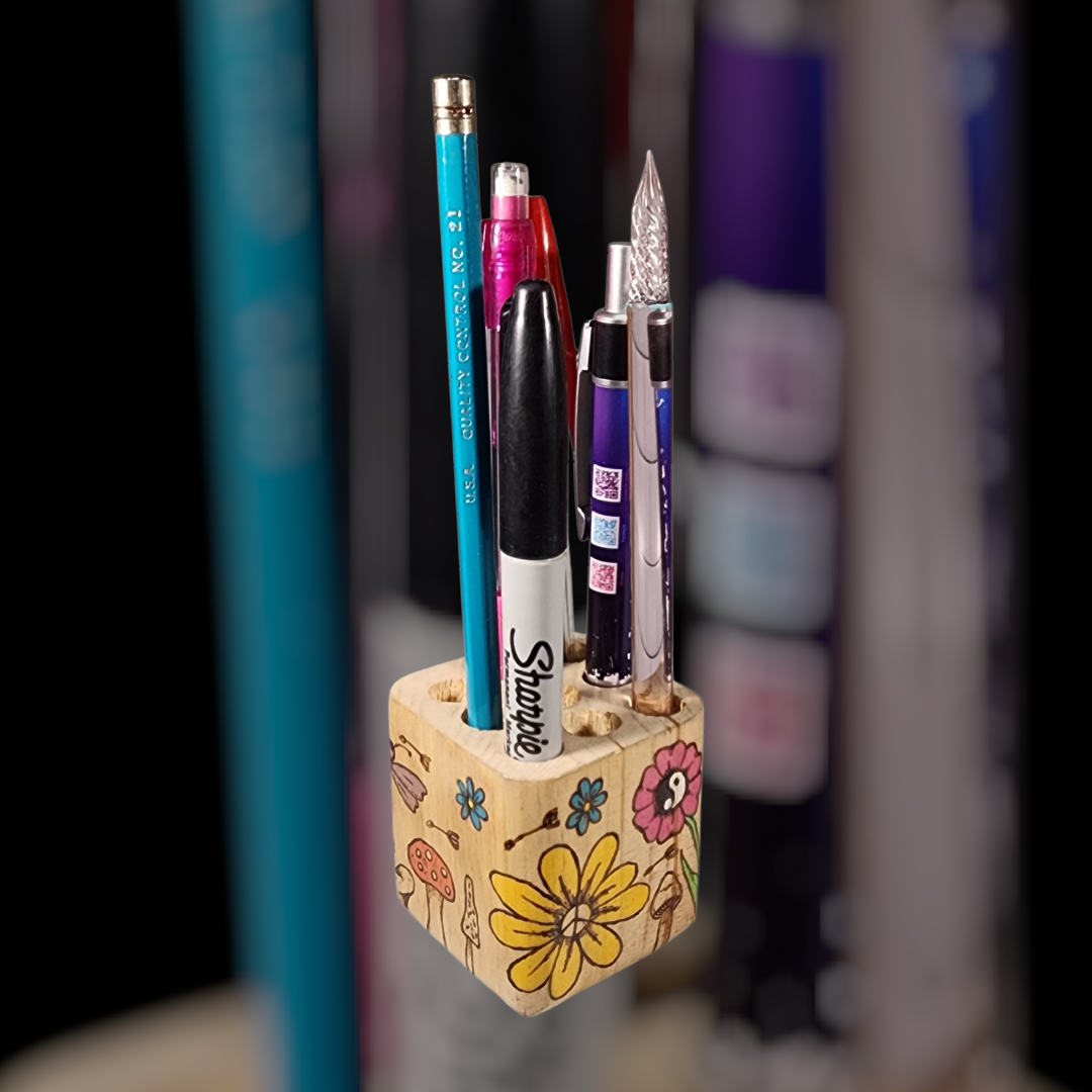 Freehand Woodburned Crochet Hook Pen Holder Cube (Custom Order Only)