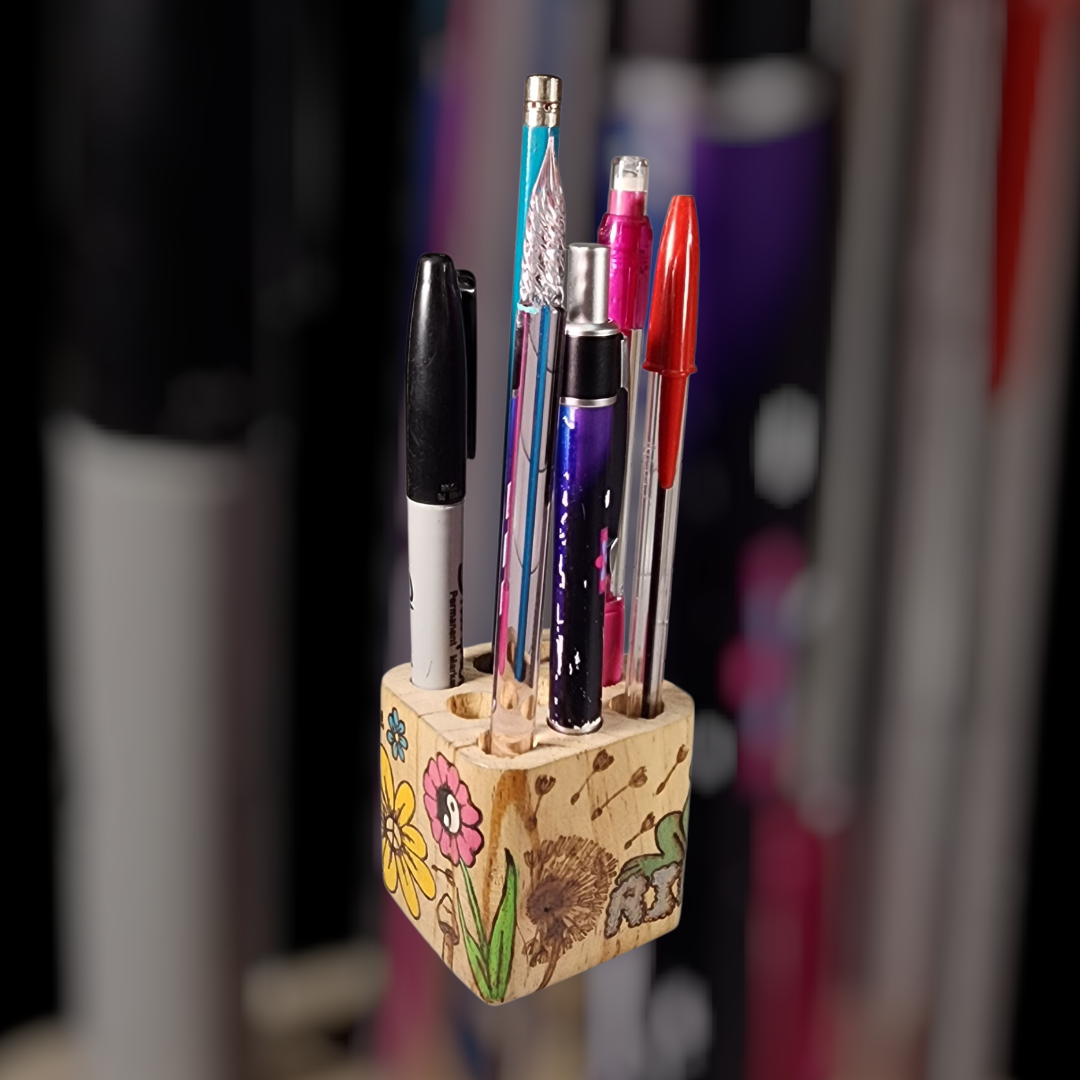 Freehand Woodburned Crochet Hook Pen Holder Cube (Custom Order Only)