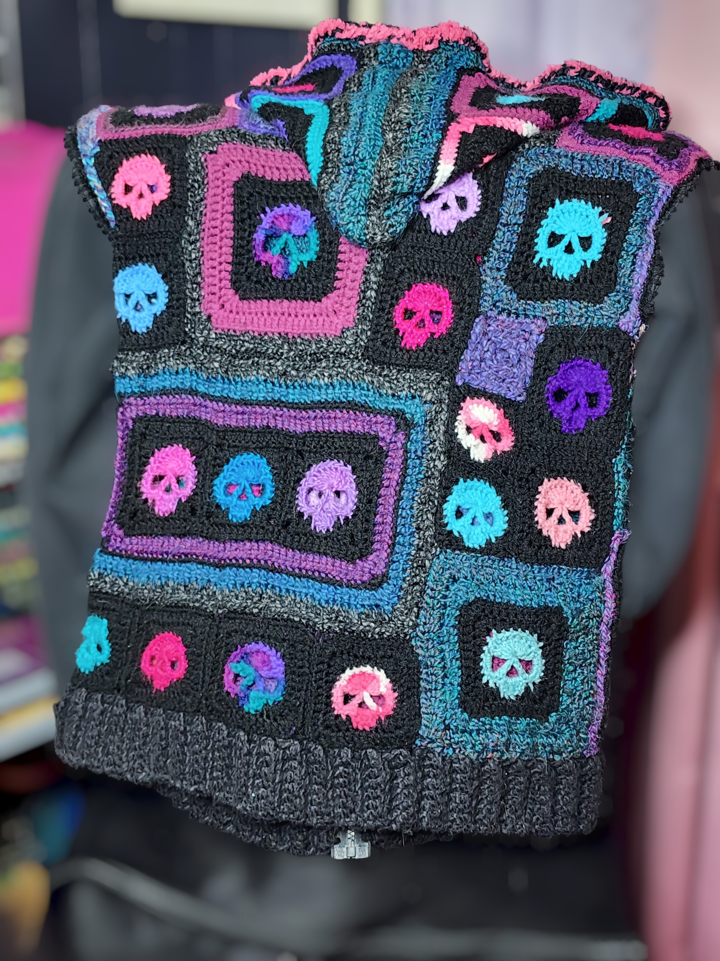 Handmade Crochet Skull Hoodie with Pockets and Zipper (Custom Order Only)