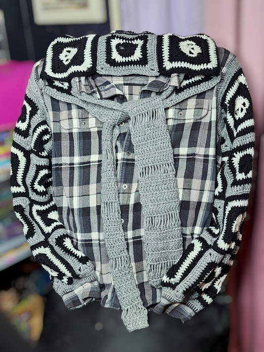 Handmade Crochet Skull Hoodie with Attached Scarf (White/Grey/Black)