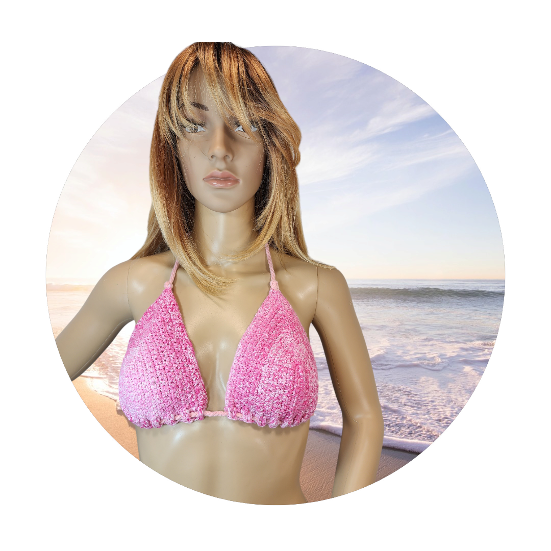 Handmade Crochet Bikini Swim Top (Pink/White)