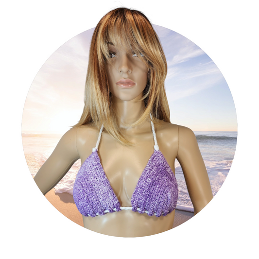 Handmade Crochet Bikini Swim Top (Purple/White)