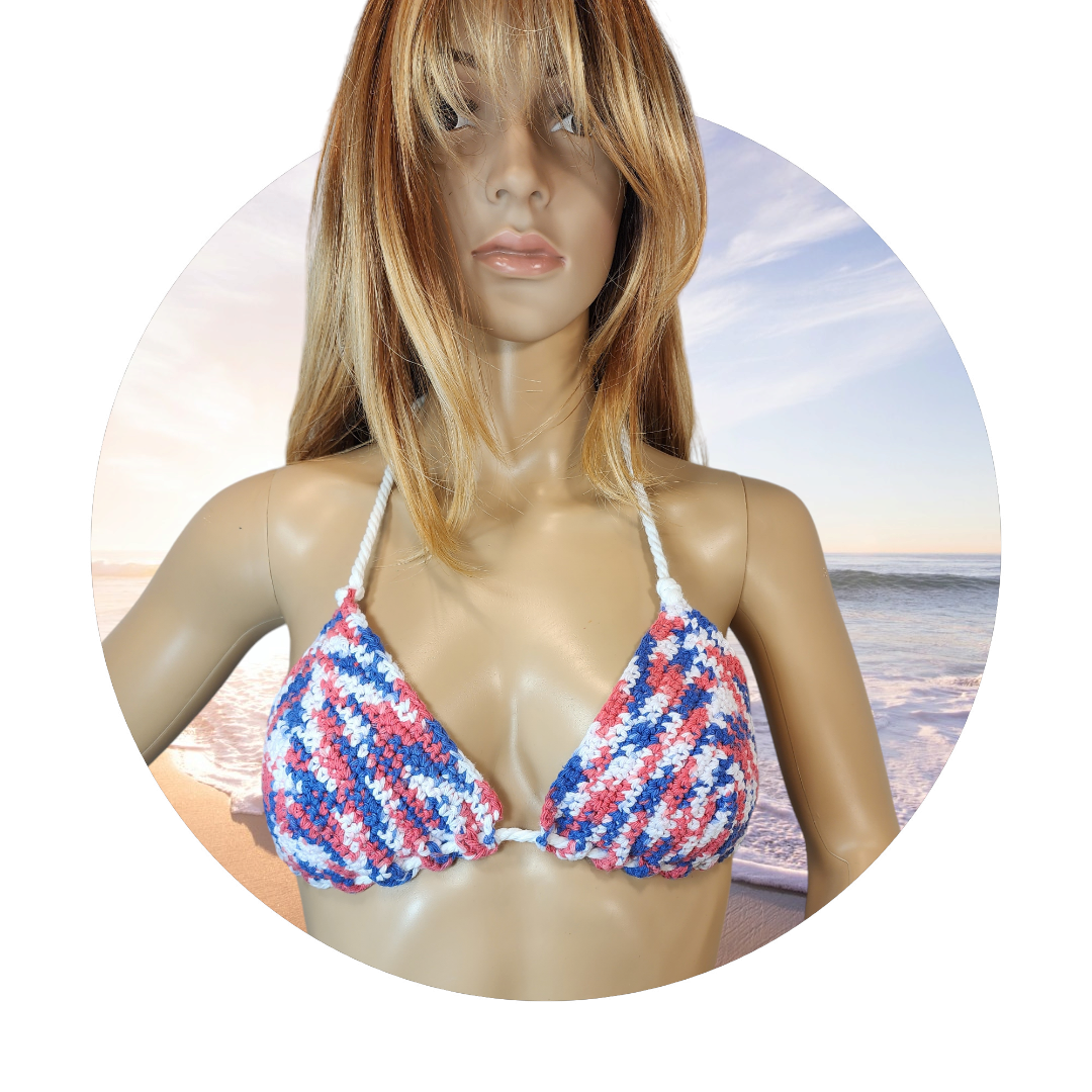 Handmade Crochet Bikini Swim Top (Red/White/Blue)