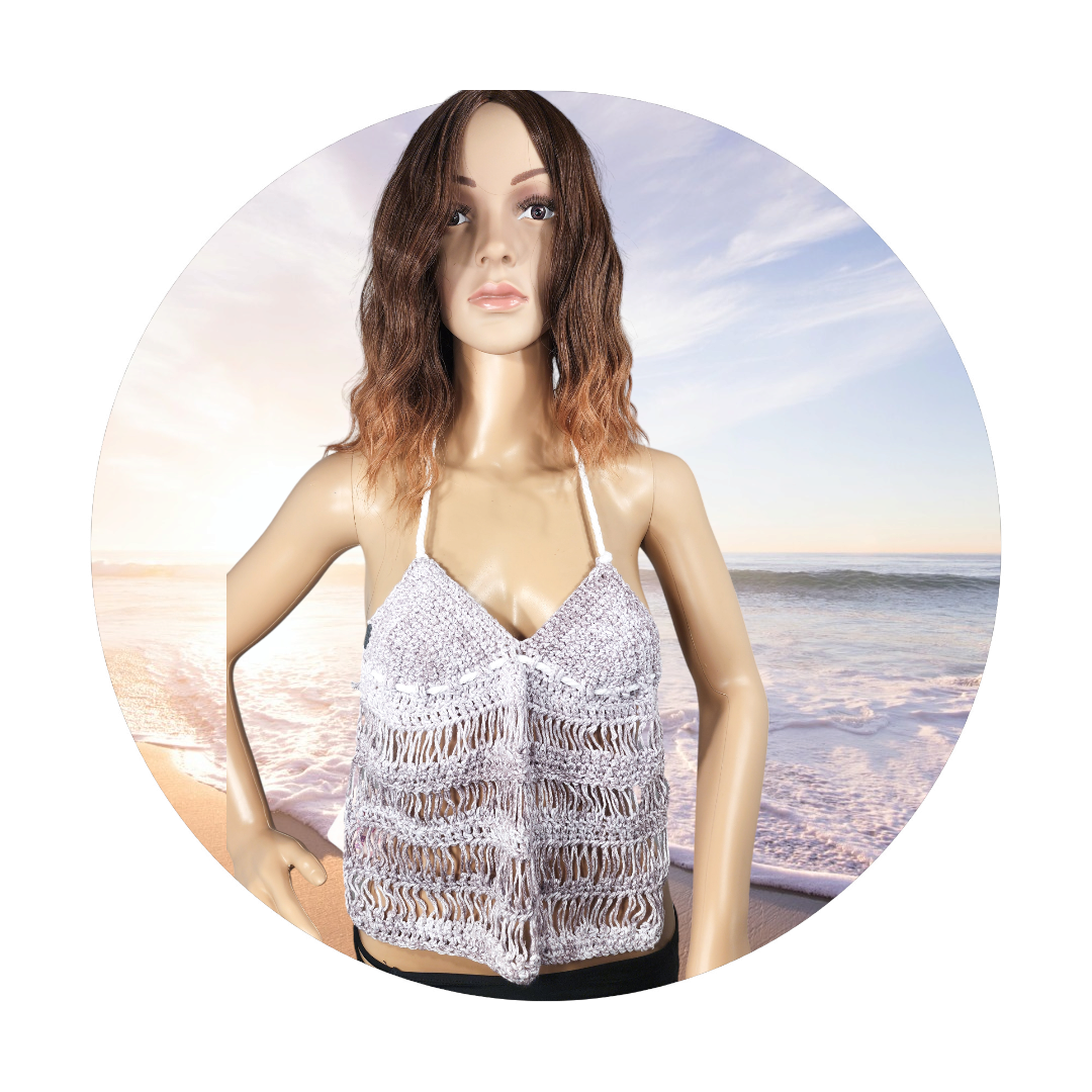 Handmade Crochet Tankini Bikini Swim Top (Grey/White)