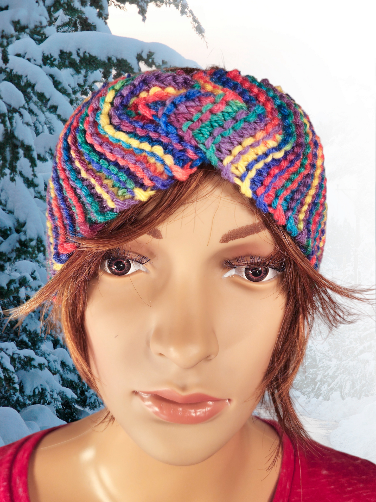 Handmade Knitted Earwarmer with Twist (Rainbow)