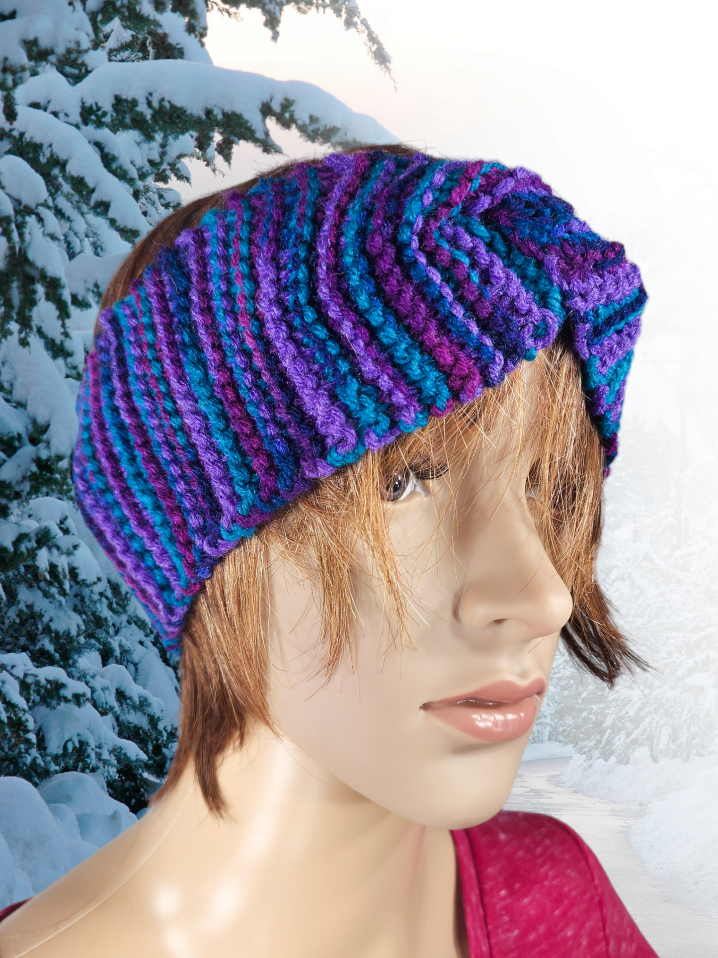 Handmade Knitted Earwarmer with Twist (Purple/Teal)