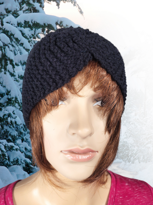 Handmade Knitted Earwarmer with Twist (Black)