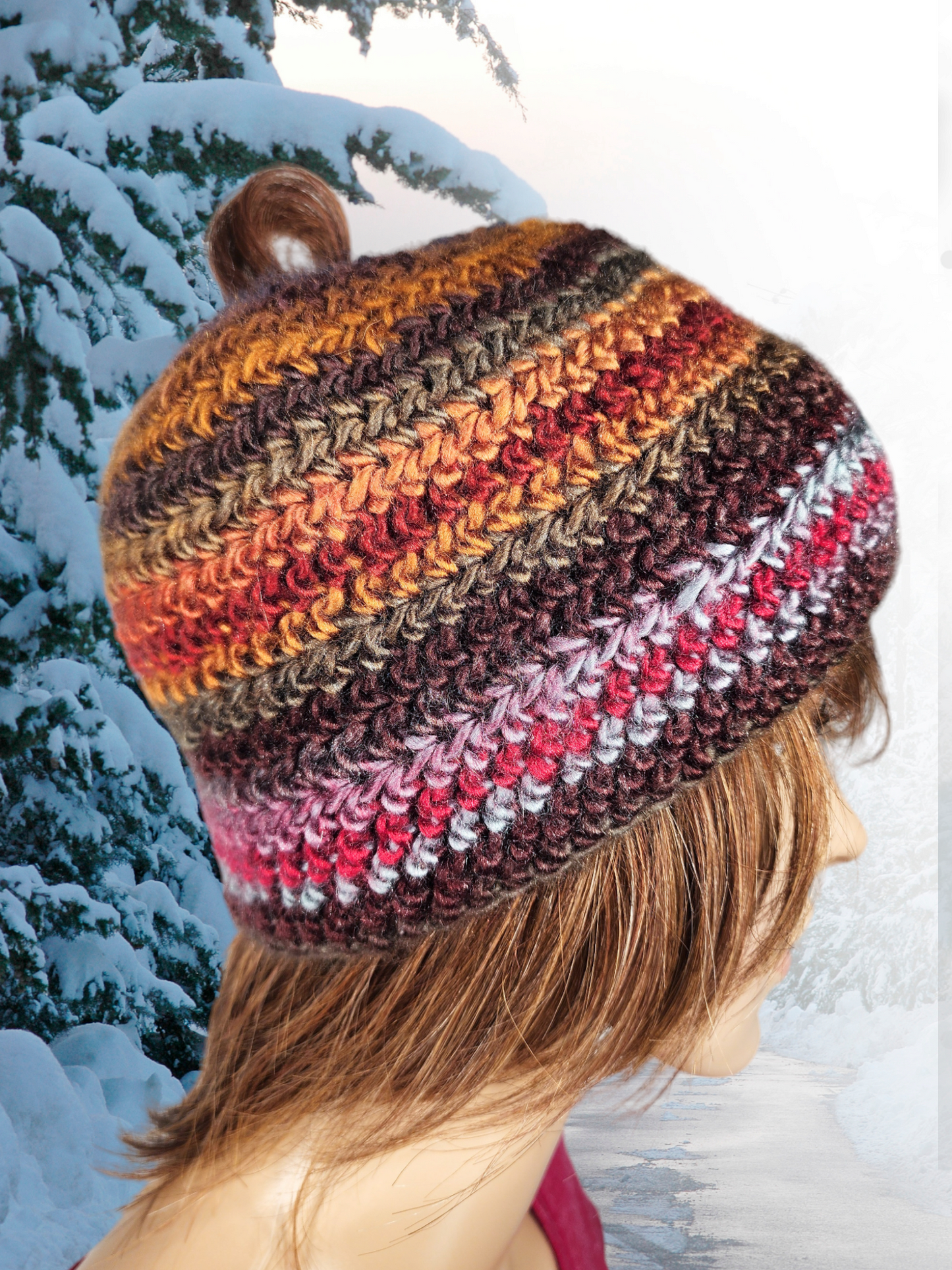 Handmade Crochet Messy Bun Beanie Hat (Copper/Brown)