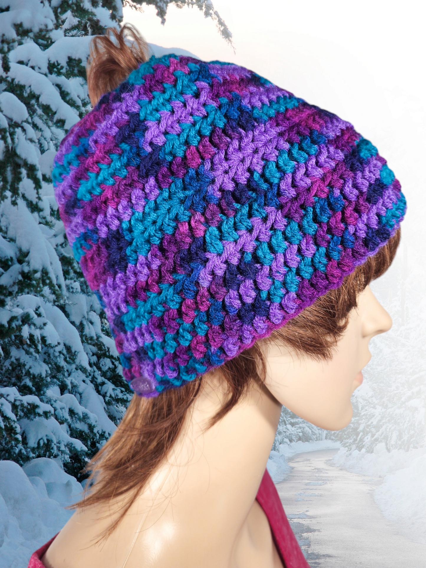 Handmade Crochet Messy Bun Beanie Hat (Purple/Teal)