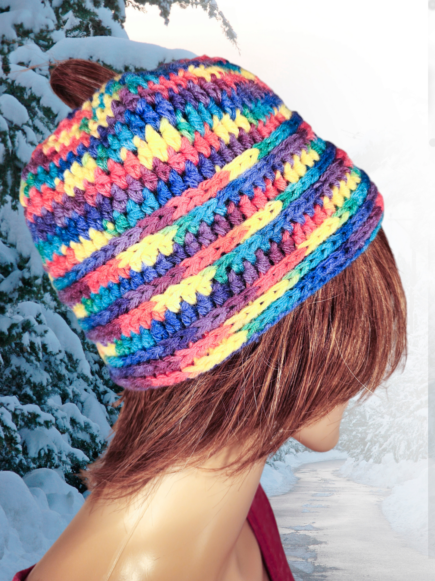 Handmade Crochet Messy Bun Beanie Hat (Rainbow)