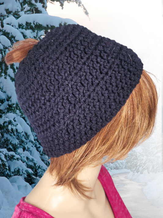 Handmade Crochet Messy Bun Beanie Hat (Black)