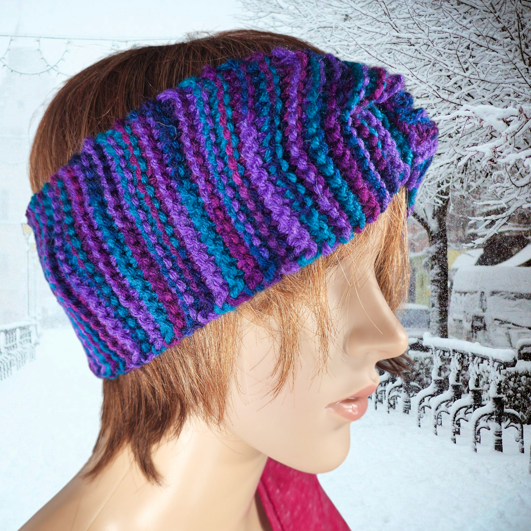 Handmade Knitted Earwarmer with Twist (Purple/Teal)