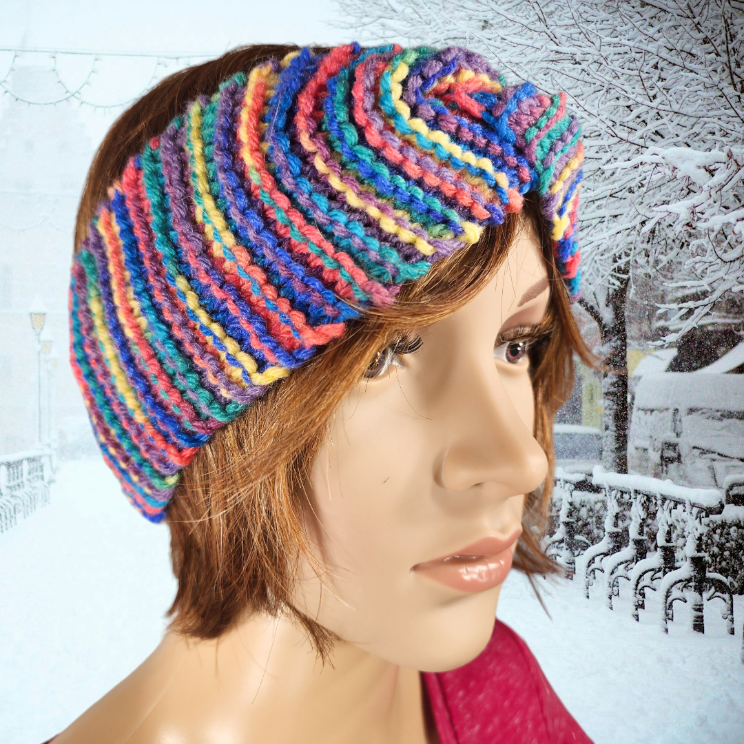 Handmade Knitted Earwarmer with Twist (Rainbow)