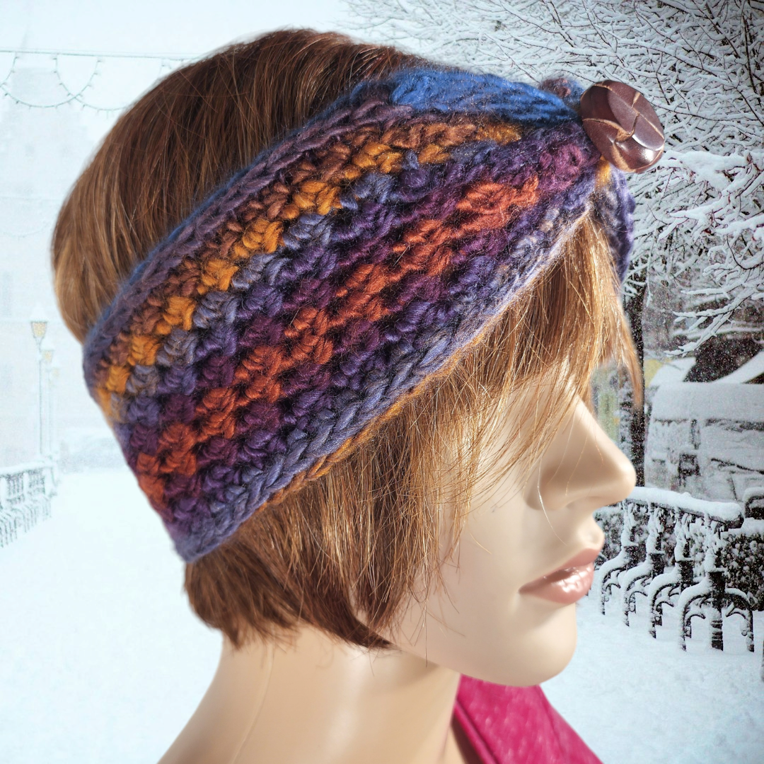 Handmade Crochet Earwarmer with Button (Copper/Blue)