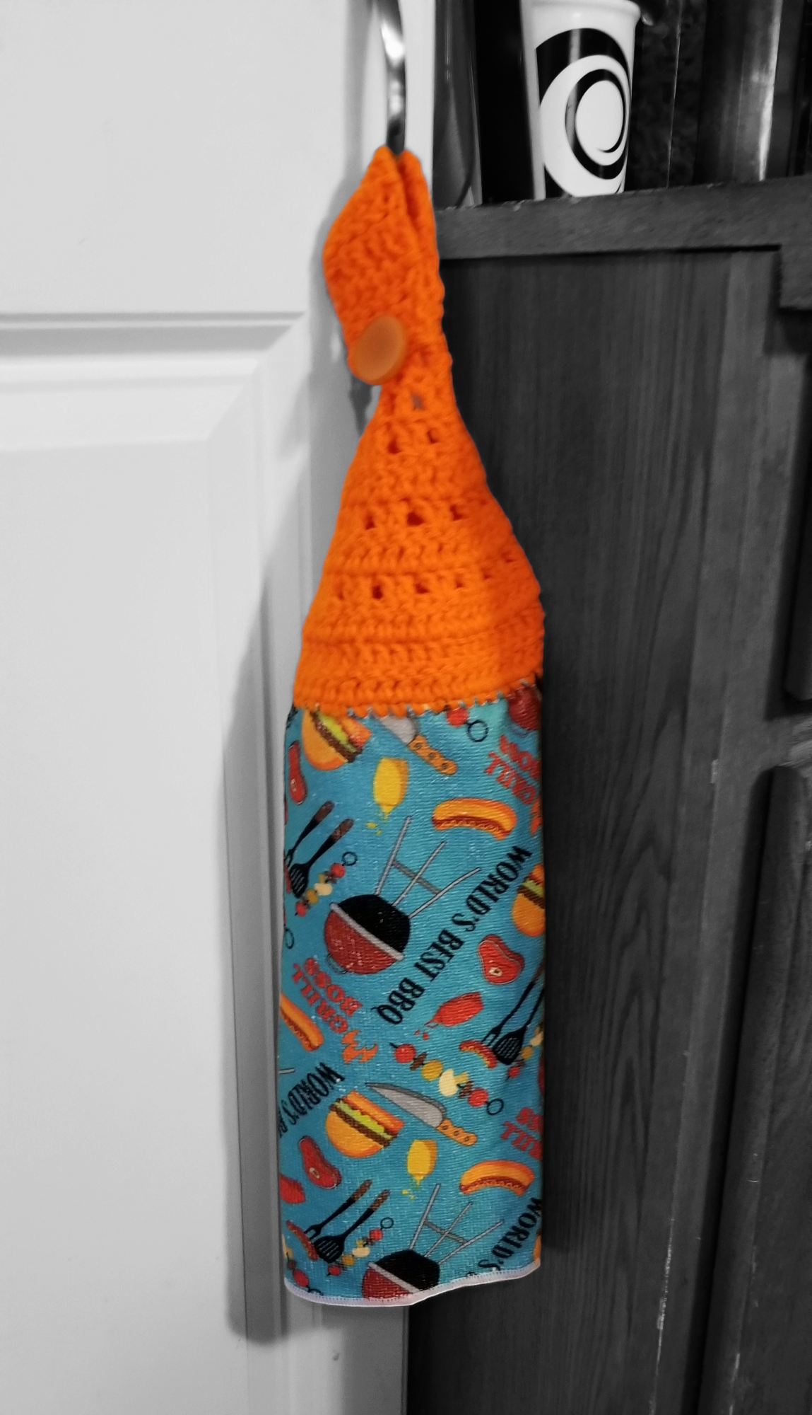 Handcrafted Crochet Hanging Tea Towel (Mustard Yellow or Orange Topper) with Loop & Button Fastener