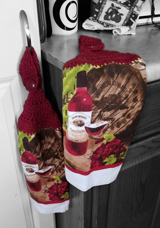 Handcrafted Crochet Hanging Tea Towel Set (Burgundy Toppers) with Loop & Button Fastener