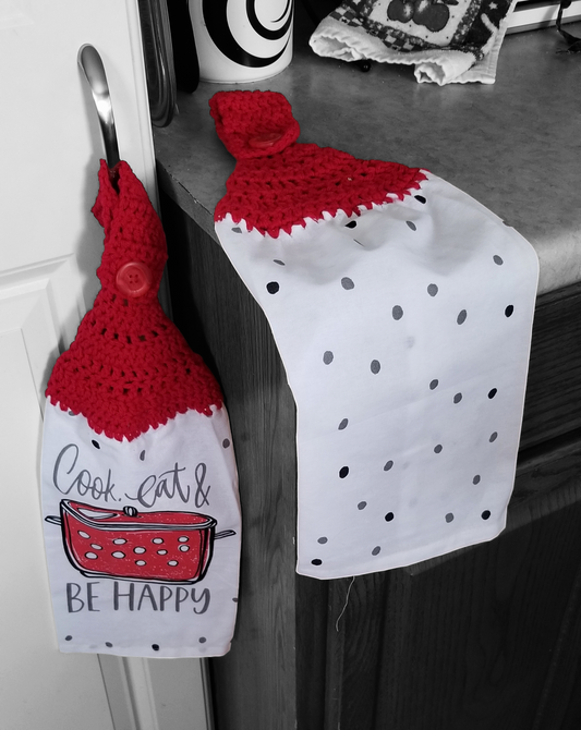 Handcrafted Crochet Hanging Tea Towel Set (Red Toppers) with Loop & Button Fastener