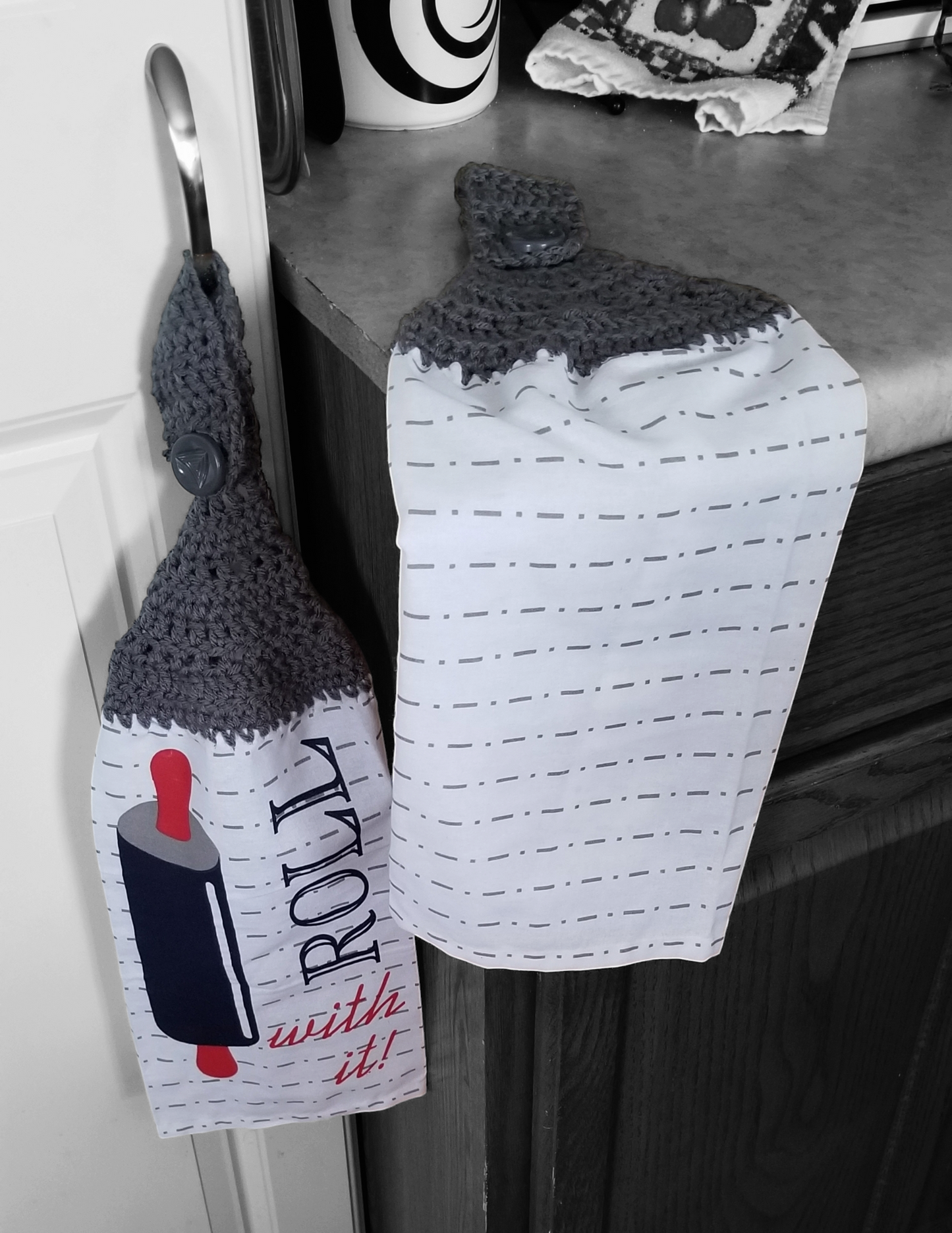 Handcrafted Crochet Hanging Tea Towel Set (Blue or Grey Toppers) with Loop & Button Fastener